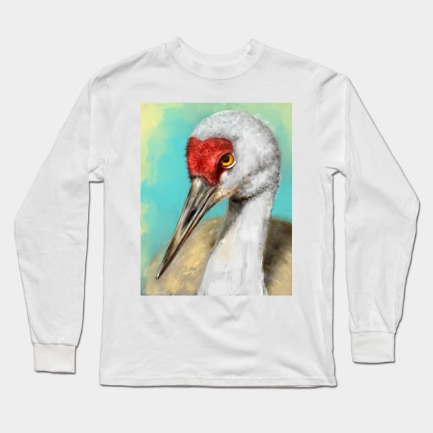 Painting of a Crane with Vibrant Colors on Yellow Blue Background Long Sleeve T-Shirt by ibadishi